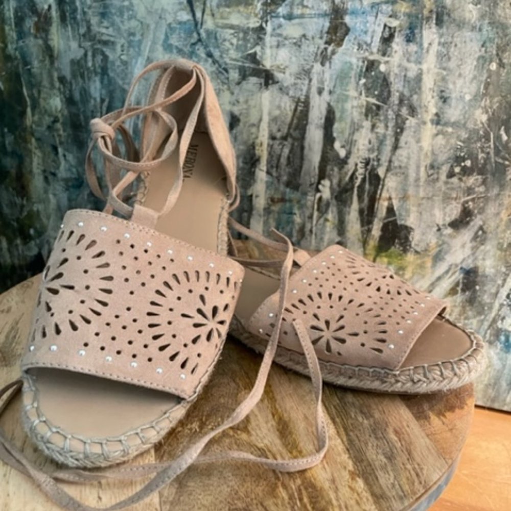 Faux Suede Beige Merona Brand Espadrilles with Lace-up Ankle Strings